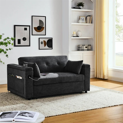 Double Seat Recliner Adjustable Backrest Sleeper Pull Out Sofa Bed With USB Ports.