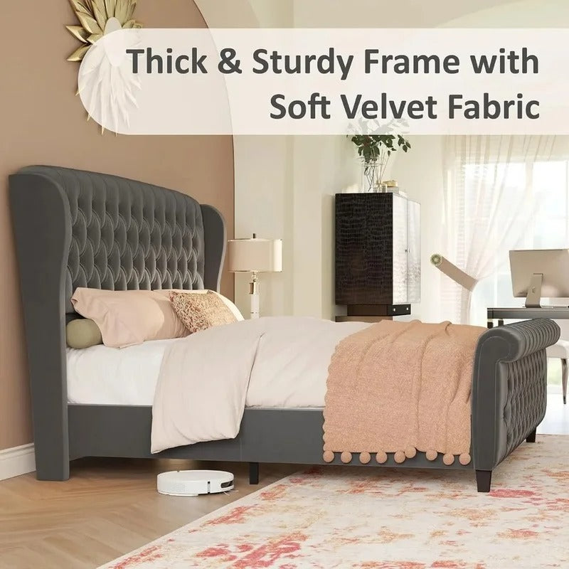 Velvet Upholstered Sleigh Bed Frame, Curved Headboard & Footboard, Deep Button Tufted Design.