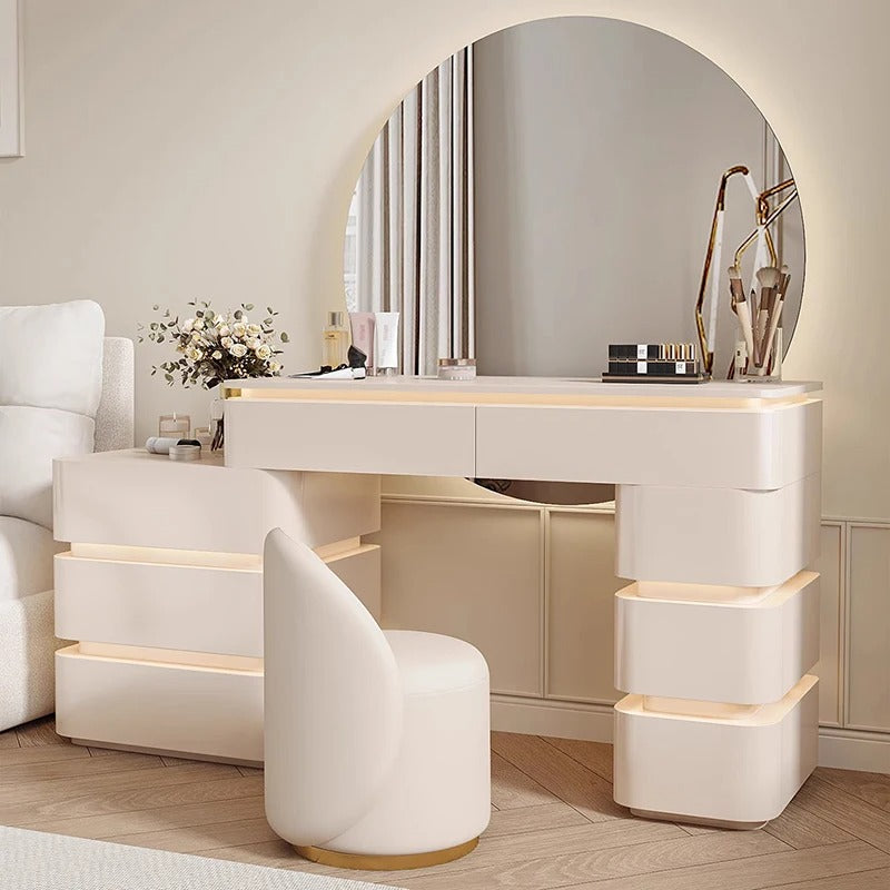 Modern Off-White Dressing Table Set with Round LED Mirror
