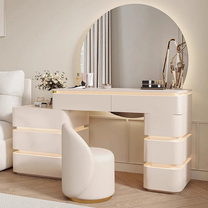 Modern Off-White Dressing Table Set with Round LED Mirror