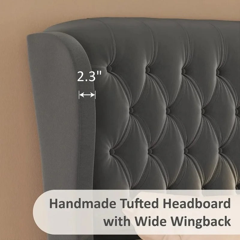 Velvet Upholstered Sleigh Bed Frame, Curved Headboard & Footboard, Deep Button Tufted Design.