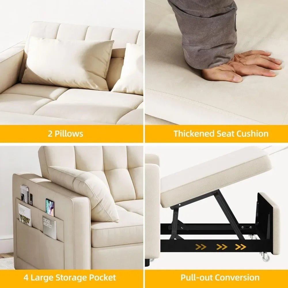 Velvet Futon Sofa Bed Couch with Adjustable Backrest and Side Pocket.