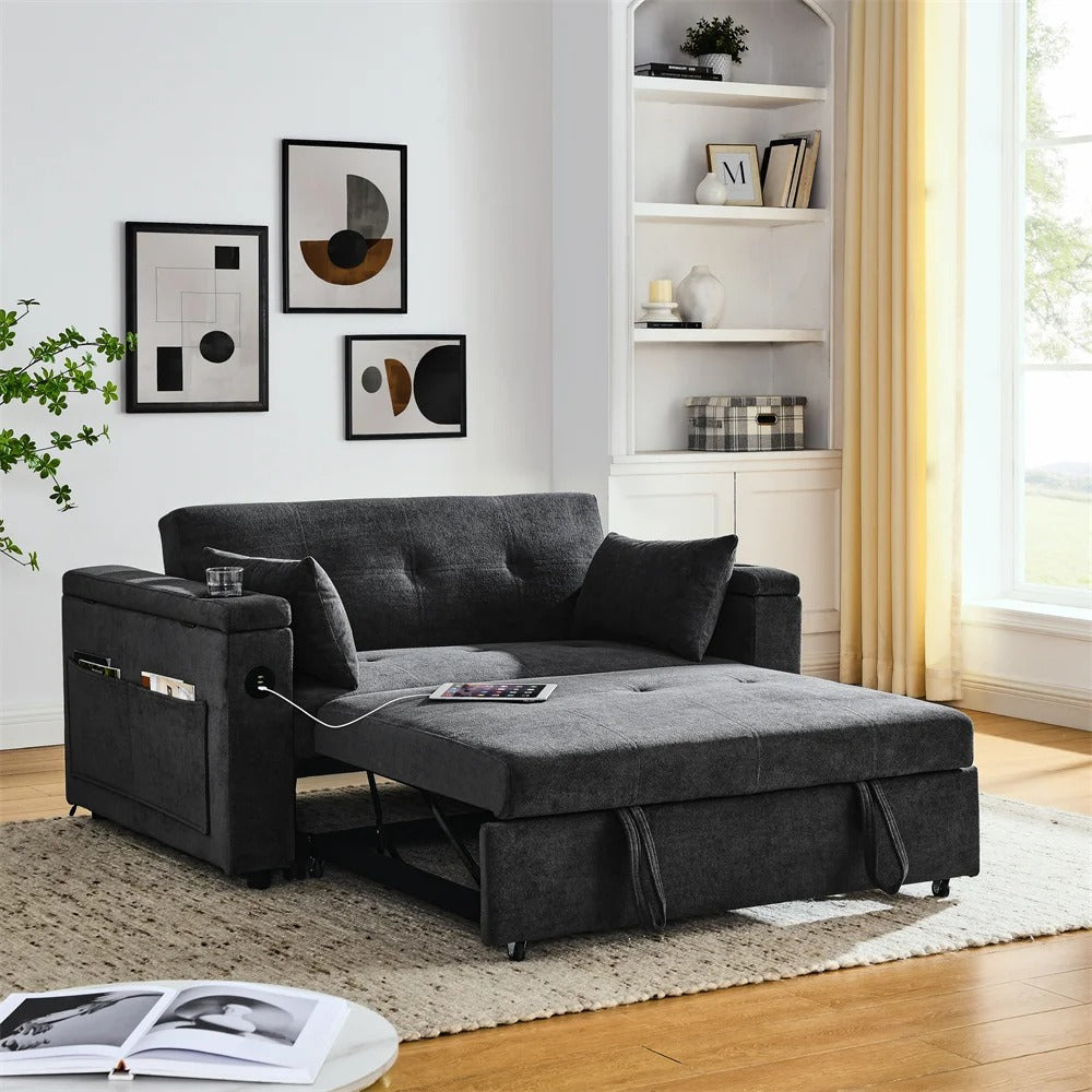 Double Seat Recliner Adjustable Backrest Sleeper Pull Out Sofa Bed With USB Ports.
