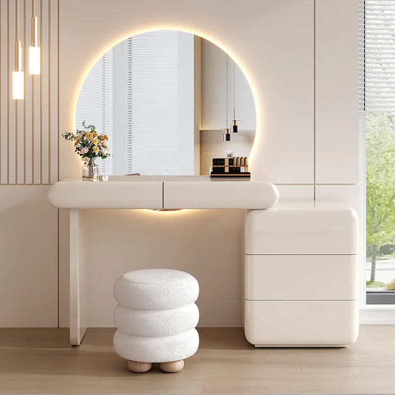 Modern LED Dressing Table Set with Round Mirror, Storage Drawers and Stool