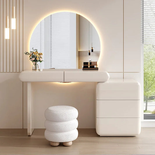 Modern LED Dressing Table Set with Round Mirror, Storage Drawers and Stool