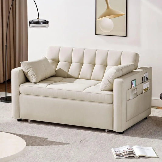 Velvet Futon Sofa Bed Couch with Adjustable Backrest and Side Pocket.