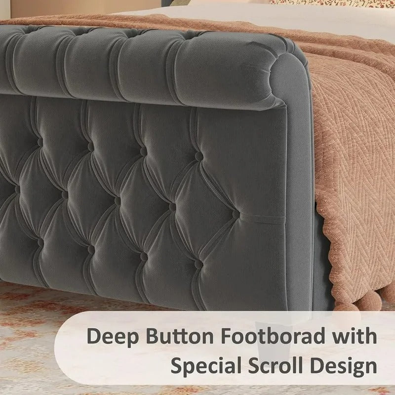 Velvet Upholstered Sleigh Bed Frame, Curved Headboard & Footboard, Deep Button Tufted Design.