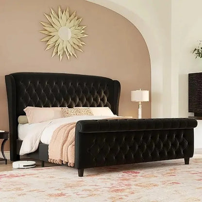Velvet Upholstered Sleigh Bed Frame, Curved Headboard & Footboard, Deep Button Tufted Design.