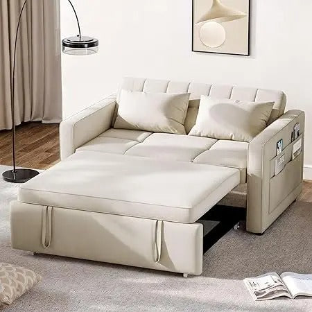 Velvet Futon Sofa Bed Couch with Adjustable Backrest and Side Pocket.