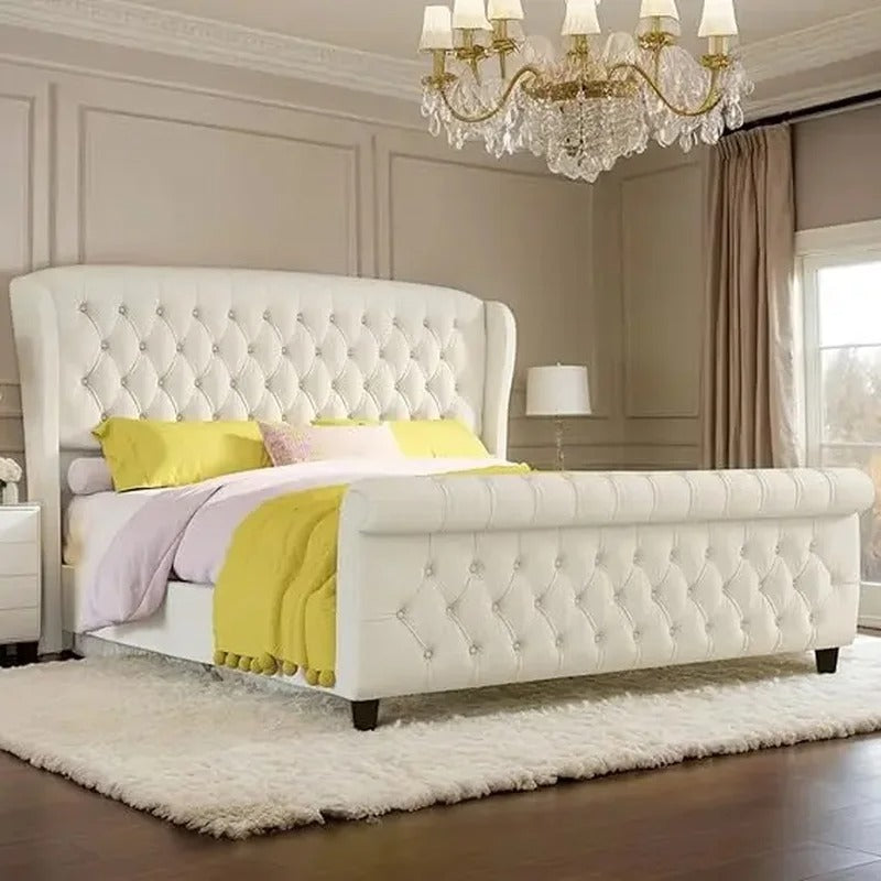 Velvet Upholstered Sleigh Bed Frame, Curved Headboard & Footboard, Deep Button Tufted Design.