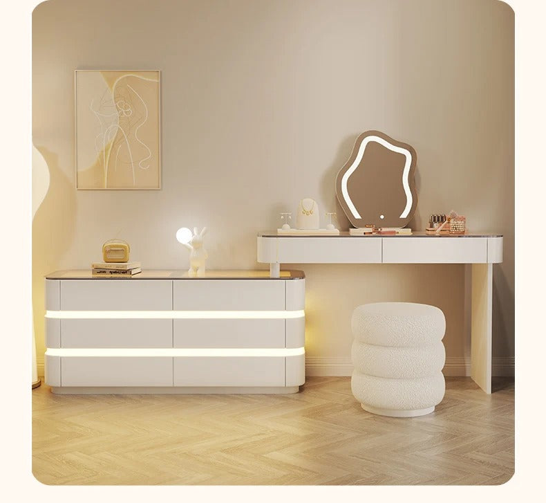 Modern White Dressing Table with LED Mirror and Stool.