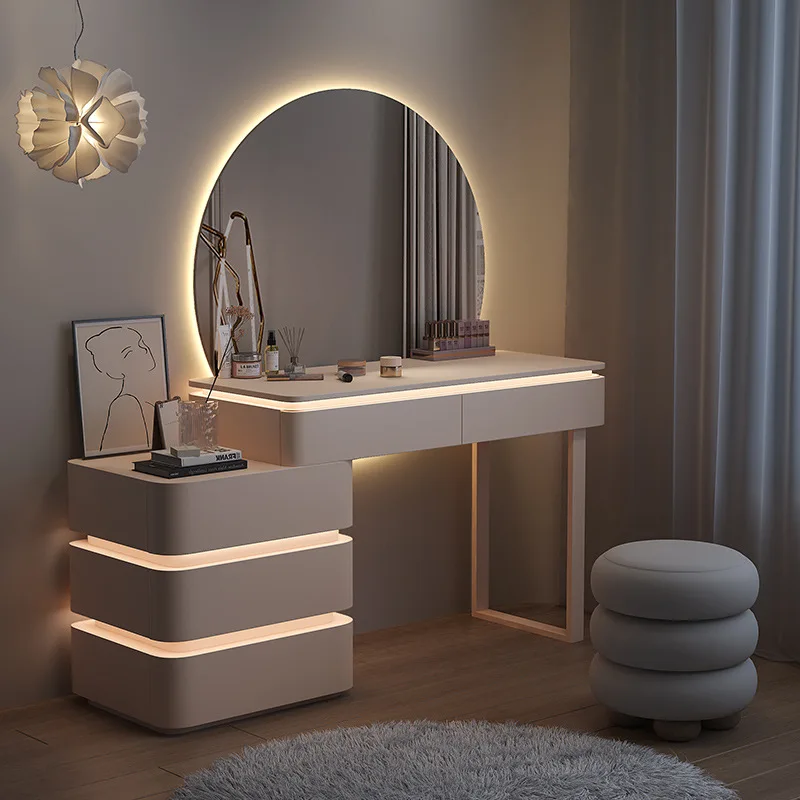 Modern Lighted Dressing Table with Mirror and Stool.