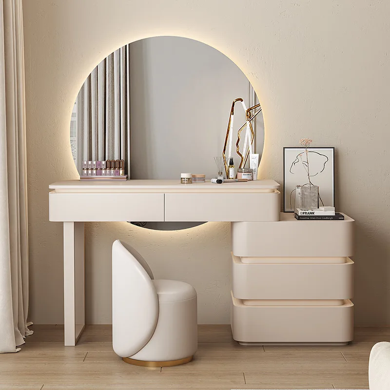 Modern Lighted Dressing Table with Mirror and Stool.