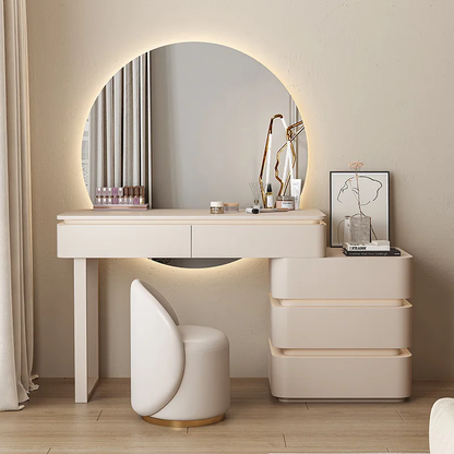 Modern Lighted Dressing Table with Mirror and Stool.