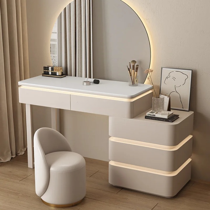 Modern Lighted Dressing Table with Mirror and Stool.