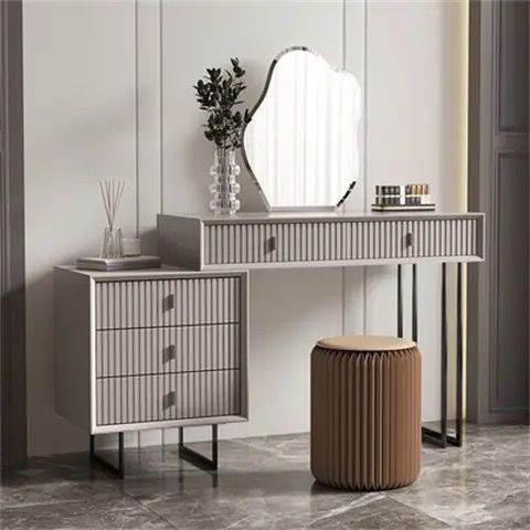 Modern Dressing Table Contemporary Beige Vanity Desk Makeup Table with Drawers and Storage