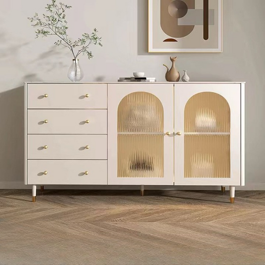 White Wood Buffet Sideboard with Glass Doors and Adjustable Shelves 140cm