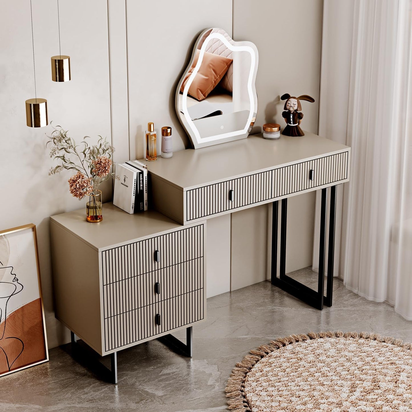 Modern Dressing Table Contemporary Beige Vanity Desk Makeup Table with Drawers and Storage