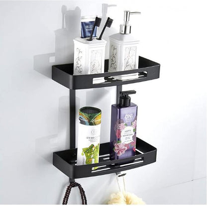 2Pcs Bathroom Wall Shelves,No Drilling Stainless Steel Shower Caddy, Bathroom Accessories Organizer, Rust Free with Towel Hanging Hooks.