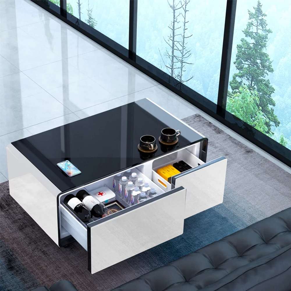 Modern Smart Coffee Table with Built-in Fridge, Wireless Charging Multi-Functional Fridge Center Table