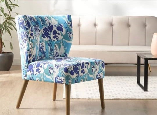 Accent Side Armless Chair Upholstered Floral Turquoise Patterned