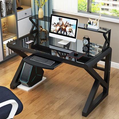 Computer Desk, Tempered Glass Tabletop, Gaming Desk with Shelf, for Home or Office.