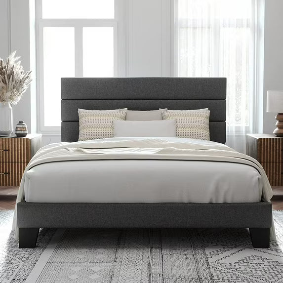 Platform Bed Frame with Fabric Upholstered Headboard.