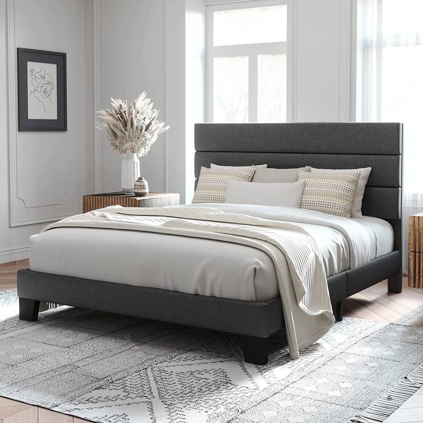 Platform Bed Frame with Fabric Upholstered Headboard.