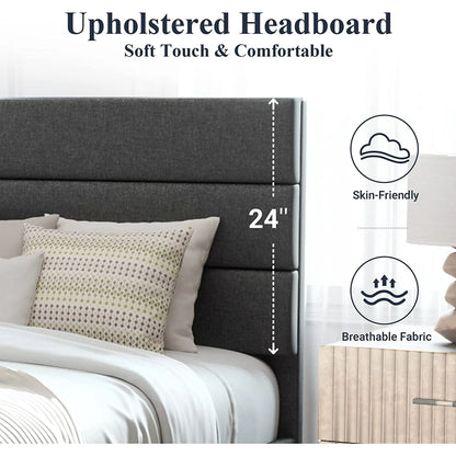 Platform Bed Frame with Fabric Upholstered Headboard.