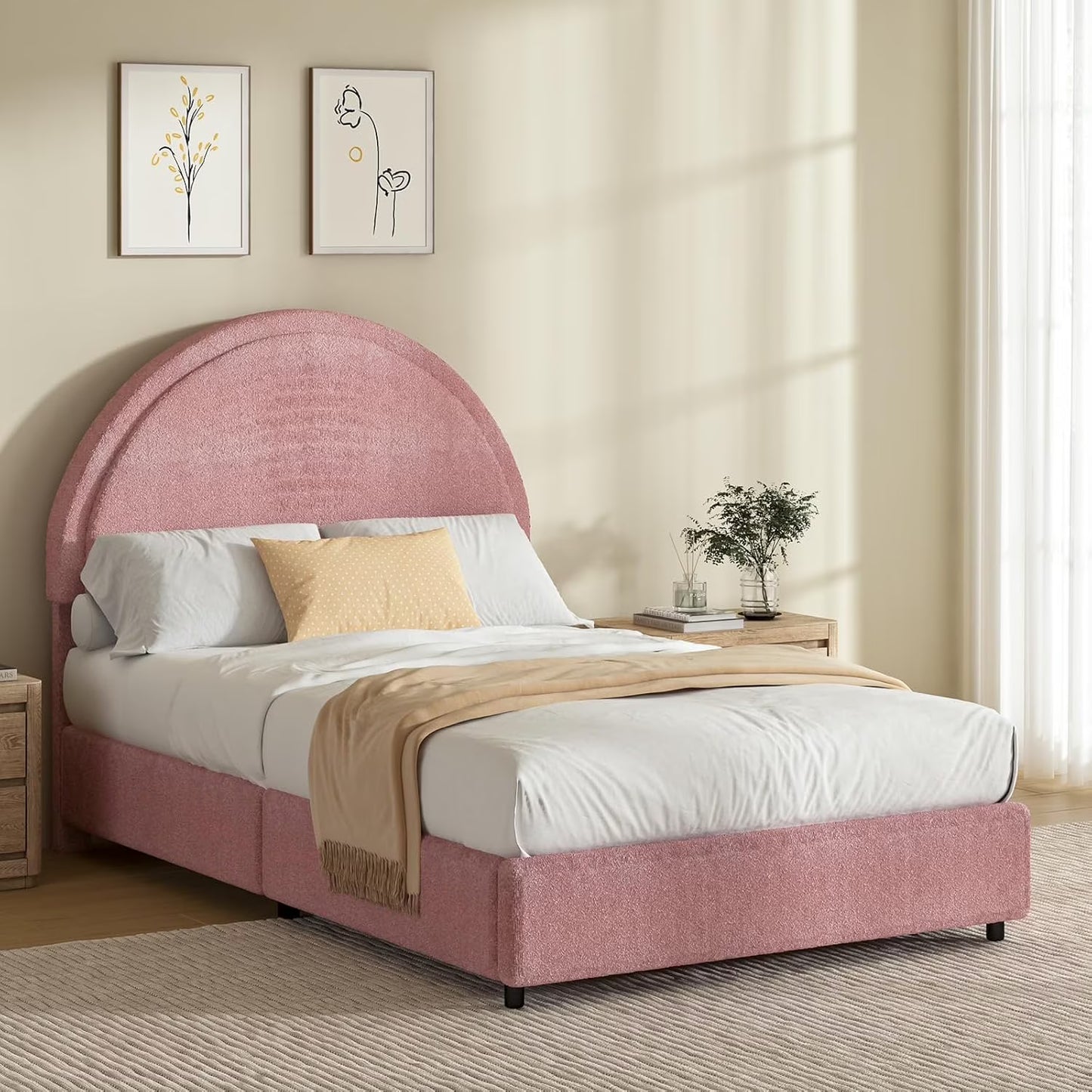 Half Moon Boucle Upholstered Bed Frame with Headboard.