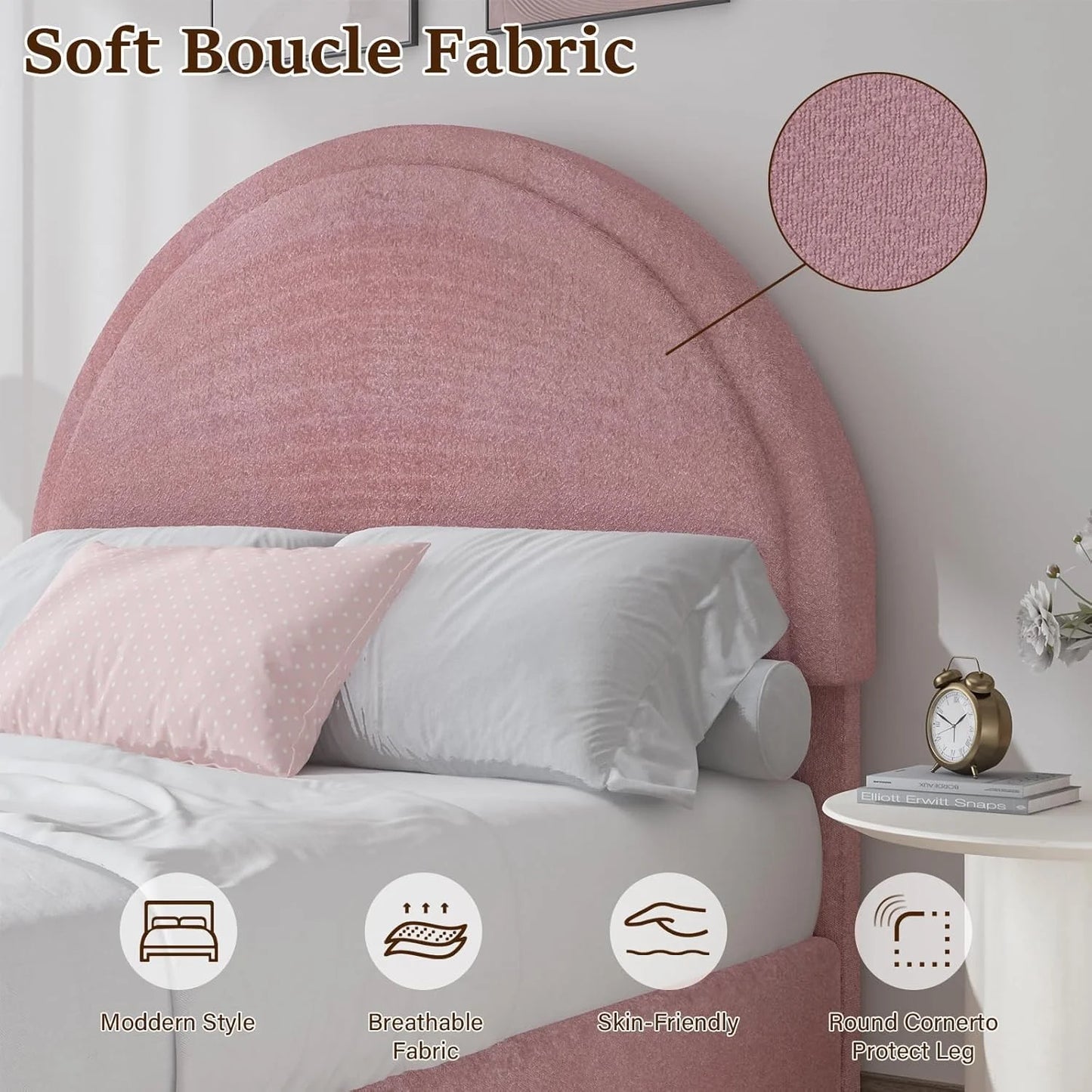 Half Moon Boucle Upholstered Bed Frame with Headboard.