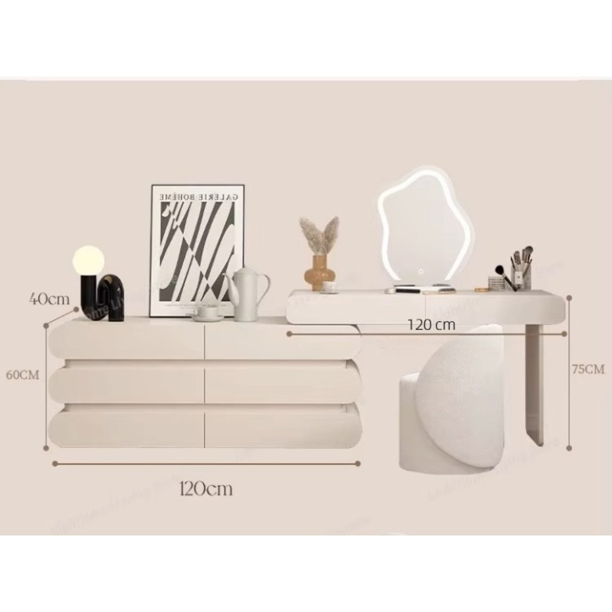 Modern dressing table set with irregular LED mirror, side cabinet, and matching upholstered stool for elegant bedrooms.