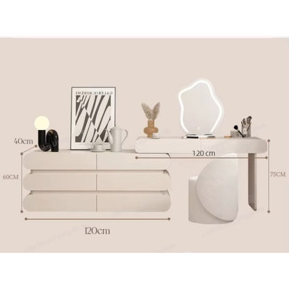 Modern dressing table set with irregular LED mirror, side cabinet, and matching upholstered stool for elegant bedrooms.