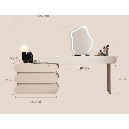 Modern dressing table set with irregular LED mirror, side cabinet, and matching upholstered stool for elegant bedrooms.