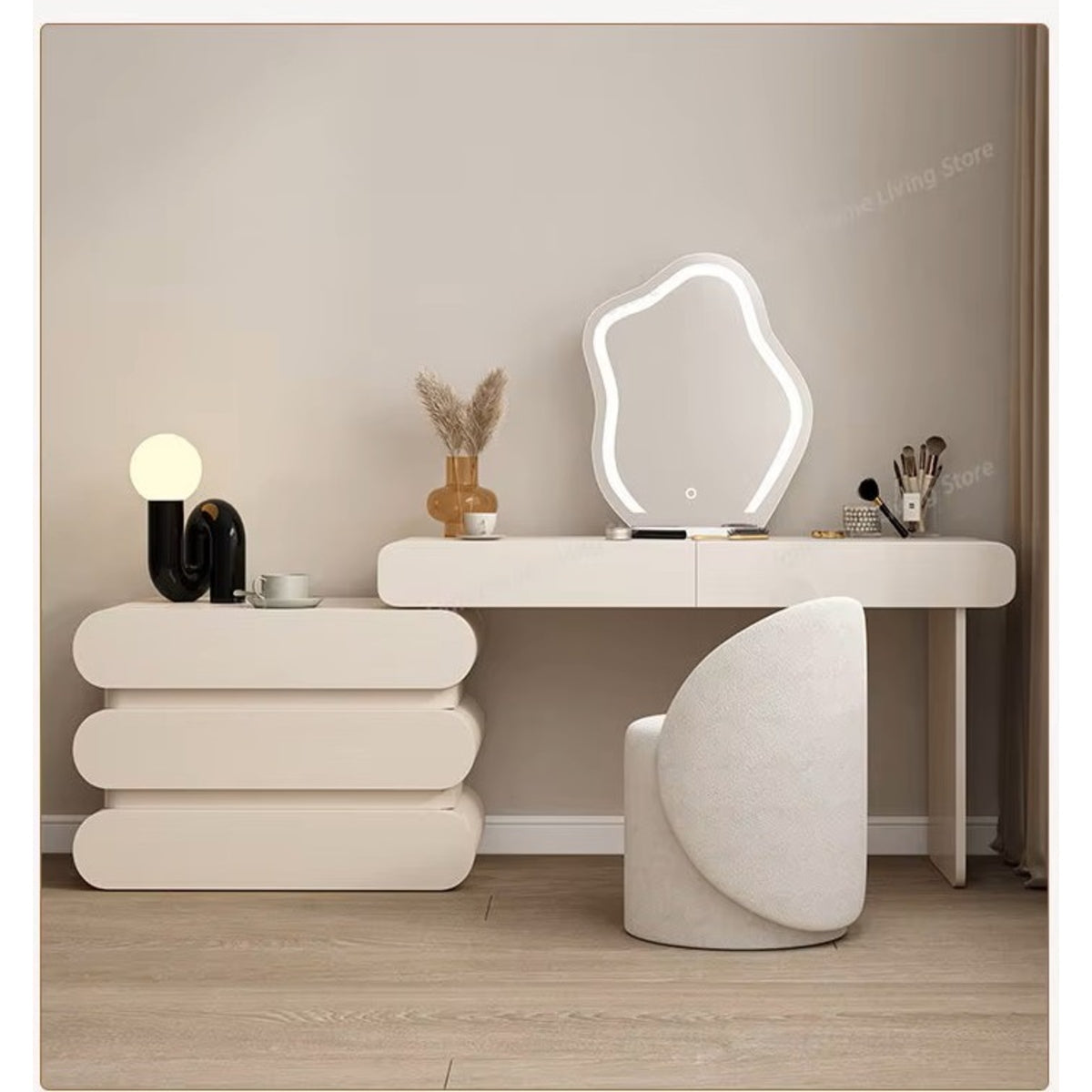 Modern dressing table set with irregular LED mirror, side cabinet, and matching upholstered stool for elegant bedrooms.