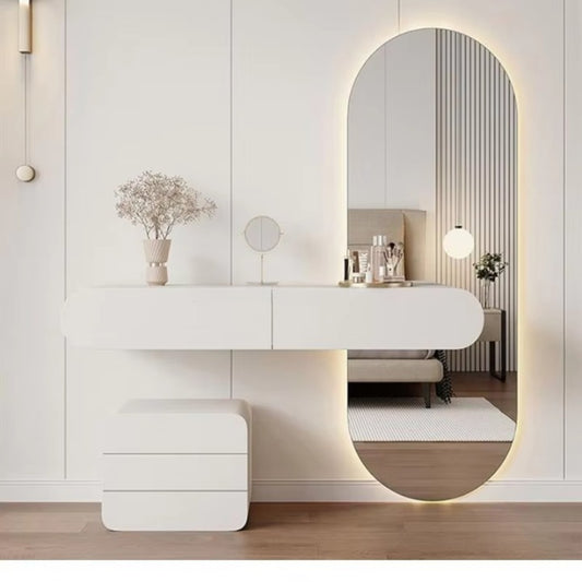 Modern Floating Vanity Table with LED Oval Mirror and  Storage Drawer - Luxury Wall Mounted Dressing Desk