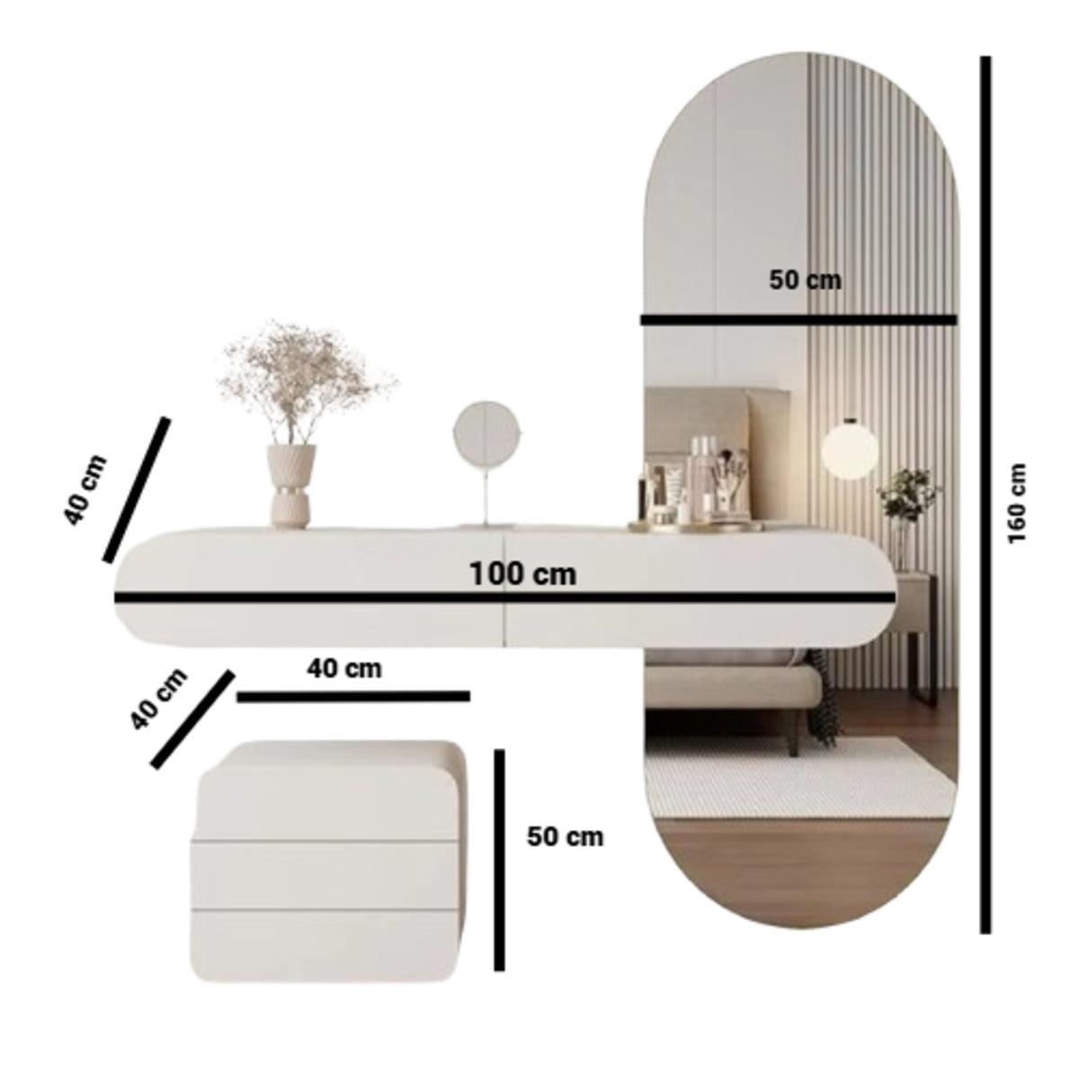 Modern Floating Vanity Table with LED Oval Mirror and  Storage Drawer - Luxury Wall Mounted Dressing Desk
