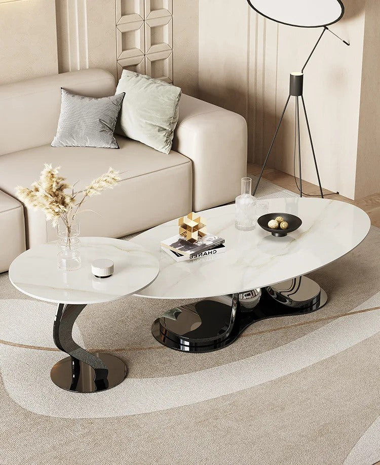 Luxurious Coffee Table Set Stainless Steel Gold with Slate Marble Top.