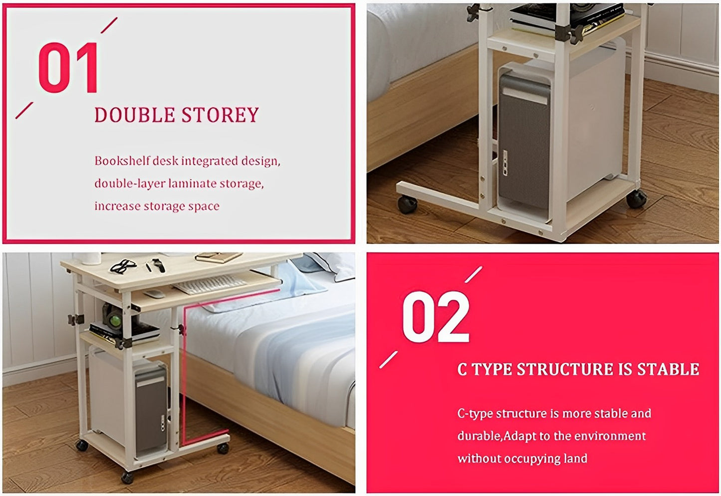 Snack Side Table, Laptop Rolling Cart C Shaped TV Tray with Storage Shelves, Slide Next to Sofa or Bed.