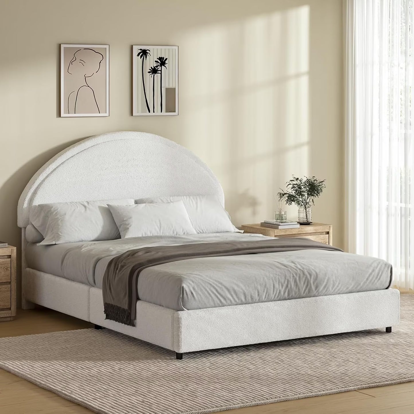 Half Moon Boucle Upholstered Bed Frame with Headboard.