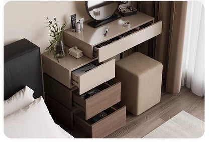 wooden brown dressing able with stool and chair