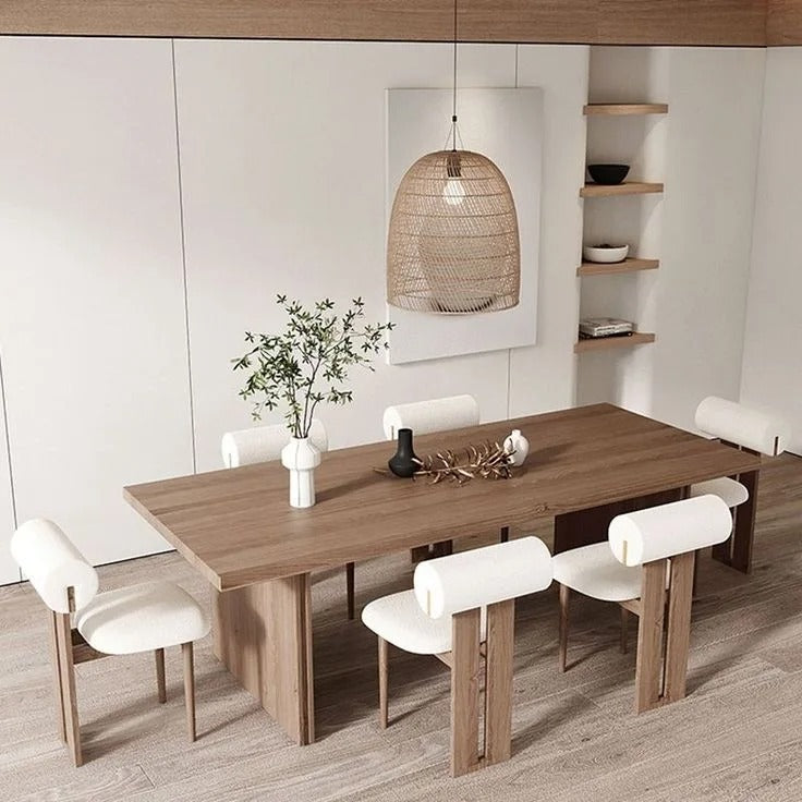 wooden dining table with 6 upholstered chairs