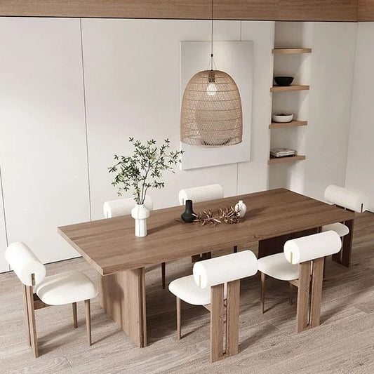 wooden dining table with 6 upholstered chairs