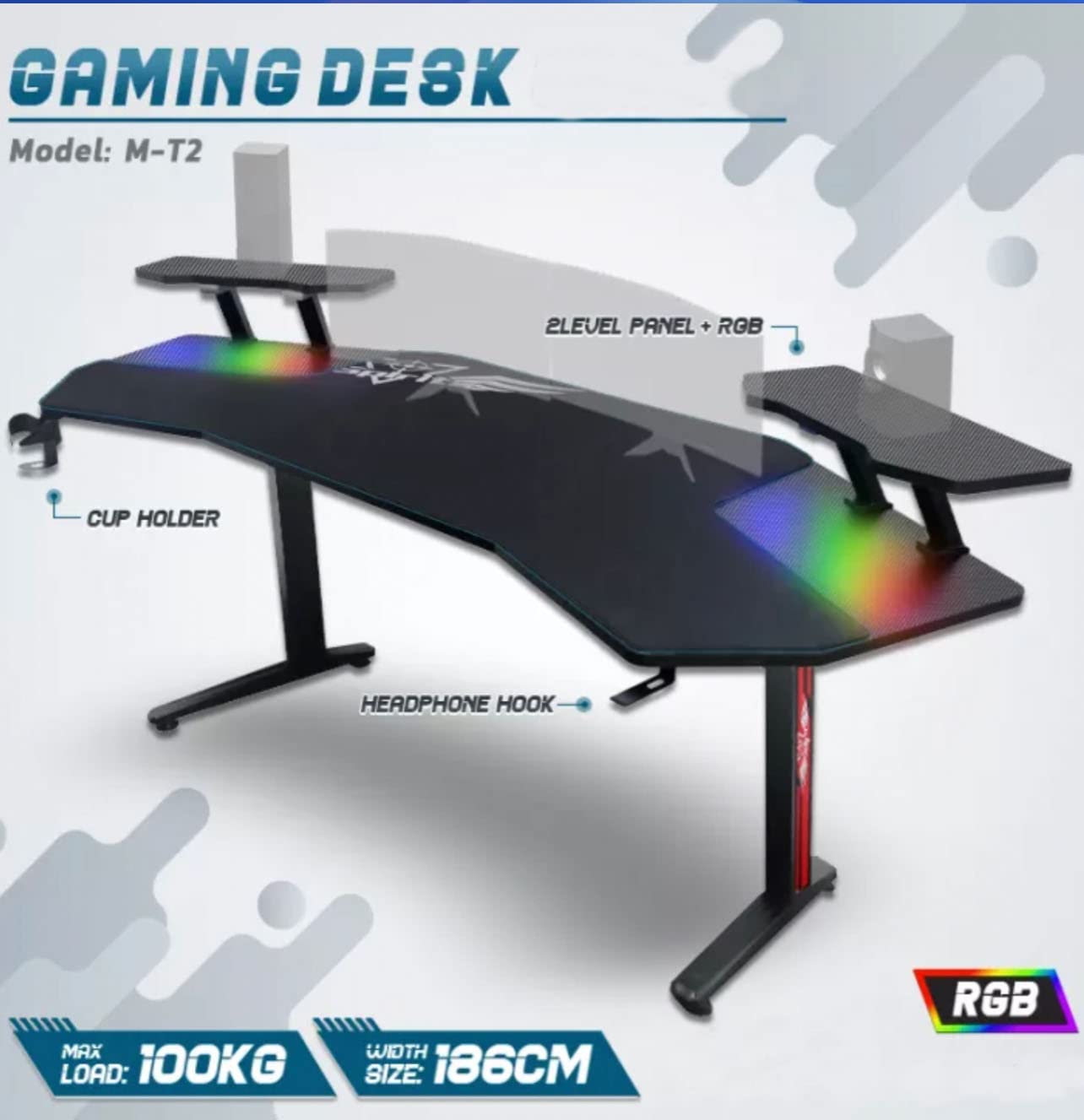 Gaming Desk Table With RGB light, Computer Desk, Cup Holder and Headphone Hook Gamer Workstation Game Table.