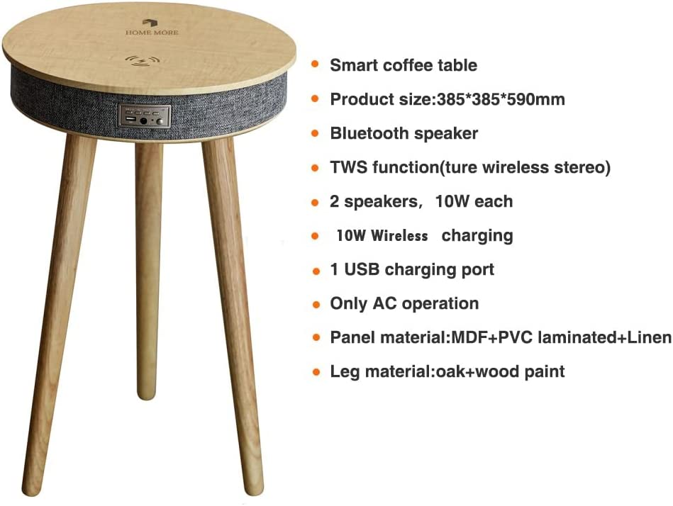 Modern Smart Table with Built in 360° Bluetooth Speaker & Wireless QI Charger with Modern LED sensor light.