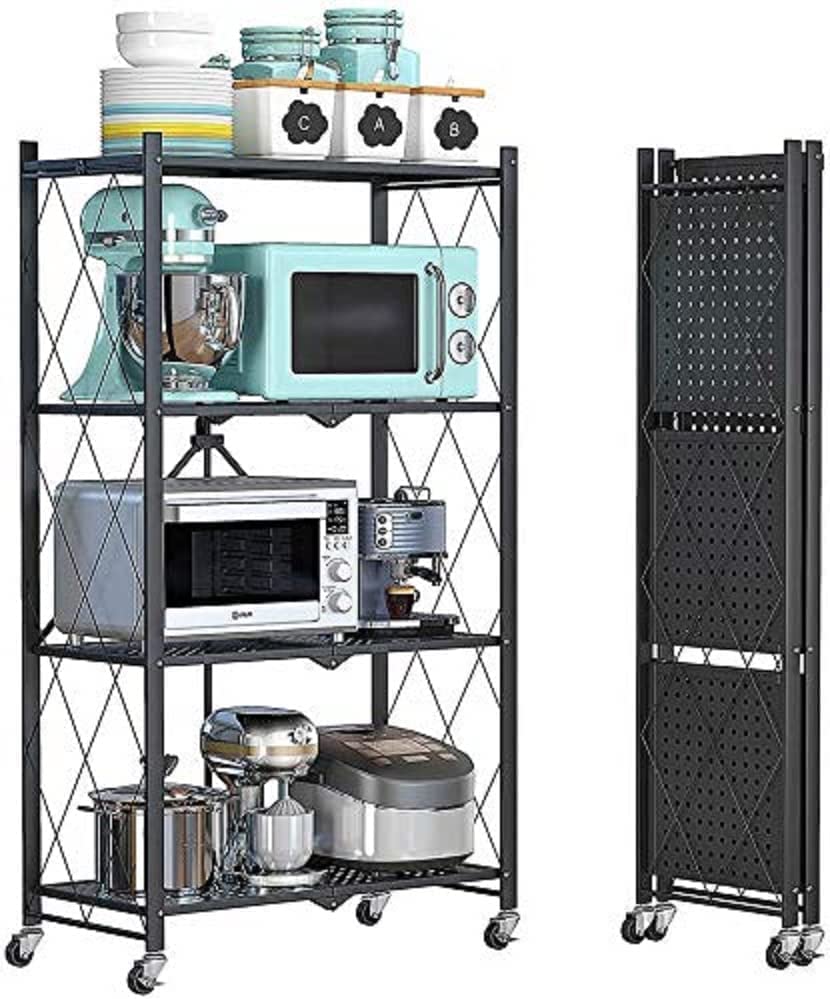 Foldable Storage Organizer 5 Tier, Kitchen Cabinet Storage Rack, Multipurpose Rack for Living Room Bedroom Kitchen Garage Black.