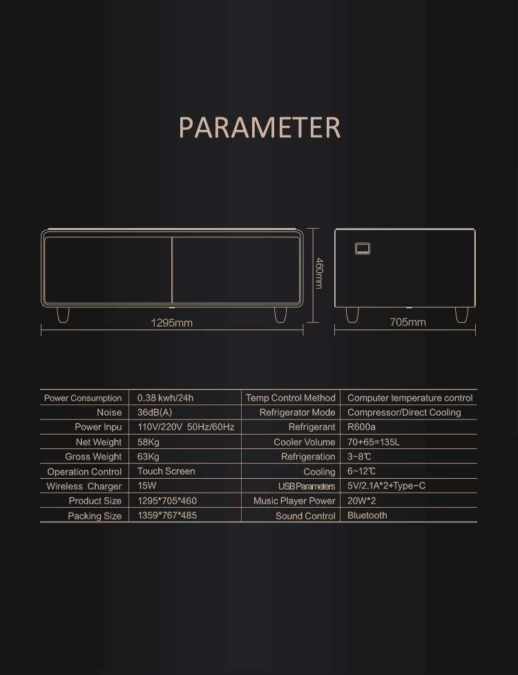 Smart Touch Table With Two Refrigerating Doors, Supports Bluetooth, Music Player, USB Charger.