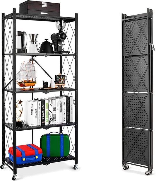 Foldable Storage Organizer 5 Tier, Kitchen Cabinet Storage Rack, Multipurpose Rack for Living Room Bedroom Kitchen Garage Black.