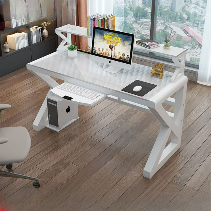 Computer Desk, Tempered Glass Tabletop, Gaming Desk with Shelf, for Home or Office.