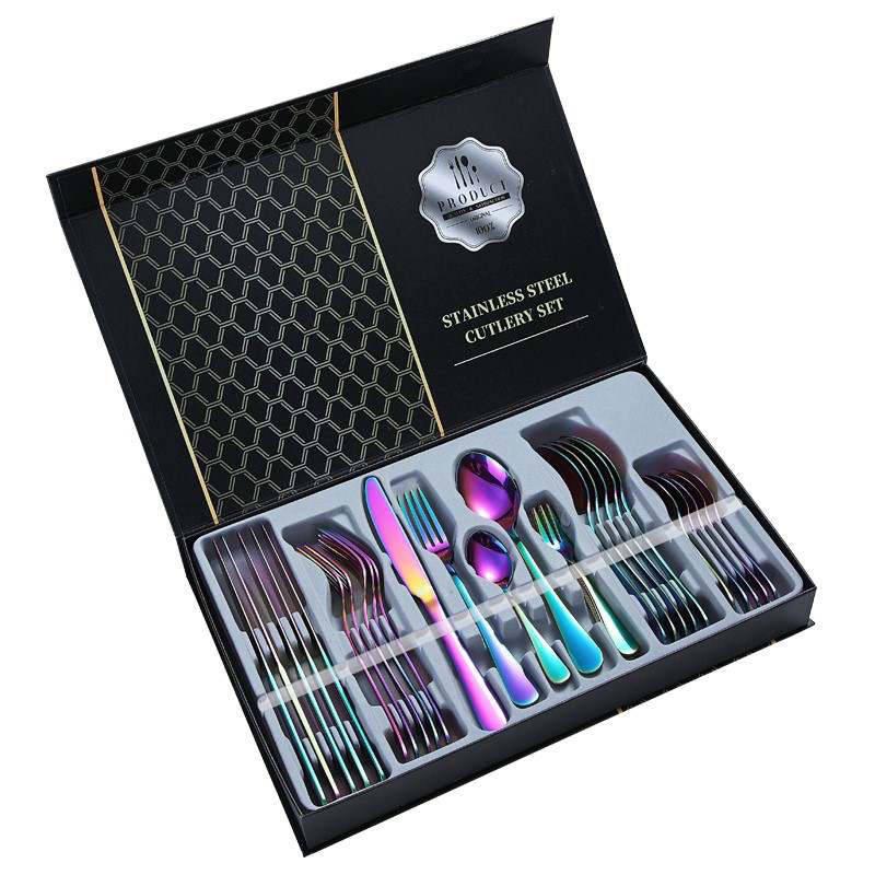 Luxury Camping Portable Colorful Stainless Steel Besteck 30 Pcs Flatware Gift Box Packaging Cutlery Set.